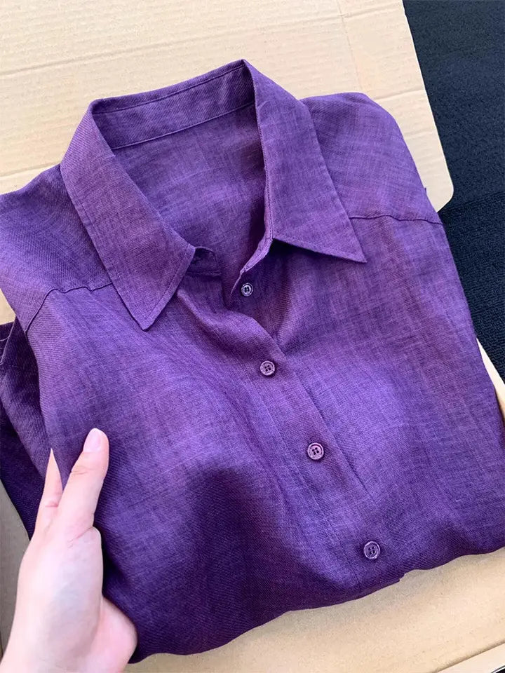 Summer Lightweight Loose Fit Linen Sun Protection Shirt Women's Breathable Purple Design Casual  Neck Button up Top