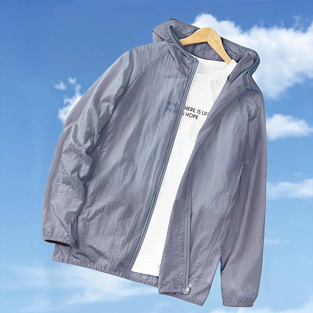 Men's Summer Skin Coats Lightweight Quick Drying Solid Color Outwear Hooded Zipper Sun-protection Ice Silk Clothing