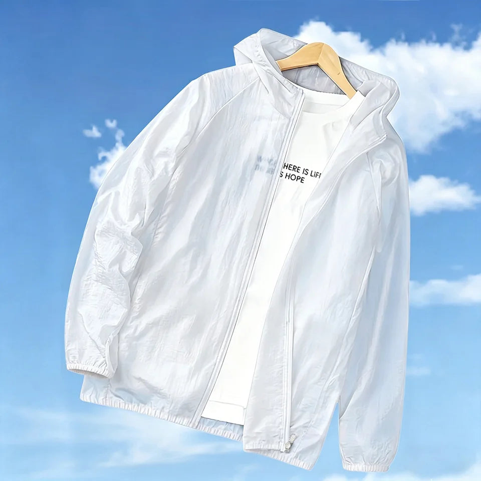 Men's Summer Skin Coats Lightweight Quick Drying Solid Color Outwear Hooded Zipper Sun-protection Ice Silk Clothing
