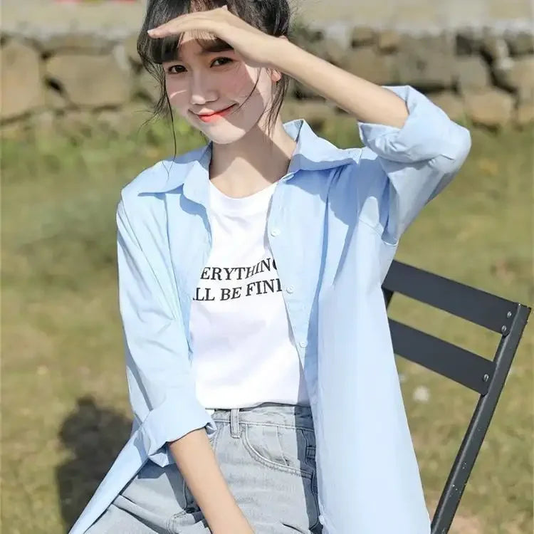 Women Light Blue Loose Fit Sun Protection Shirt Casual Long Sleeve Blouse