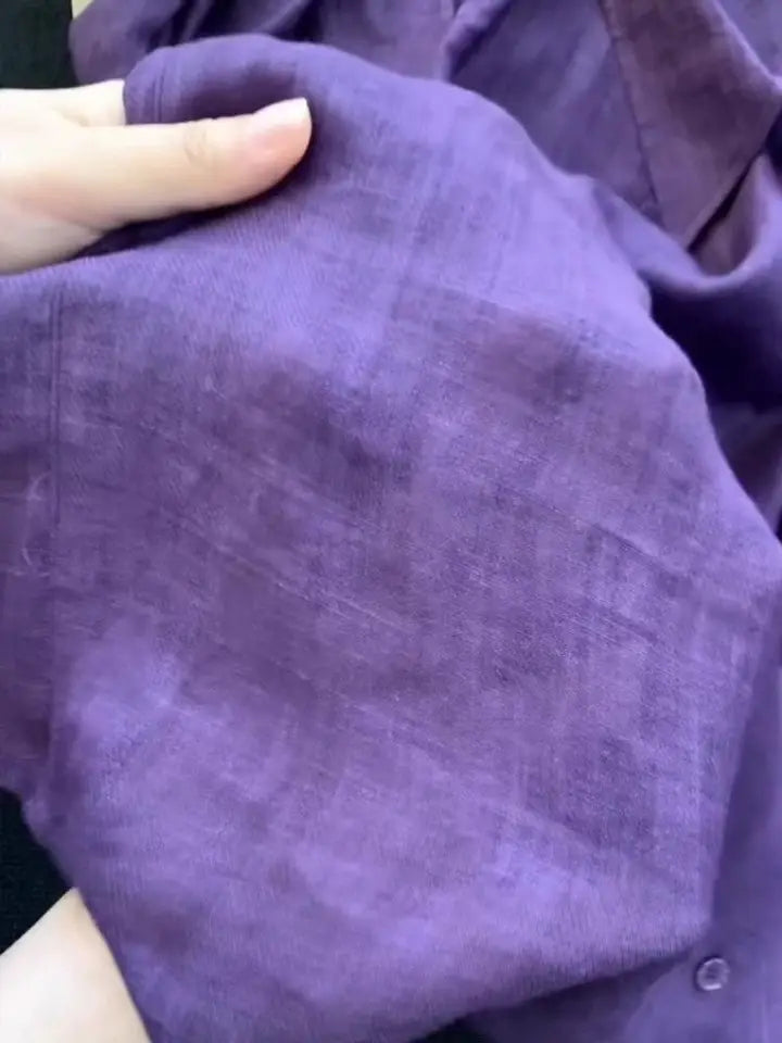 Summer Lightweight Loose Fit Linen Sun Protection Shirt Women's Breathable Purple Design Casual  Neck Button up Top