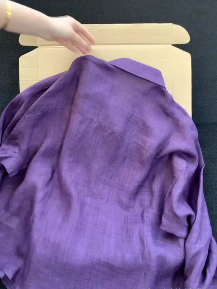 Summer Lightweight Loose Fit Linen Sun Protection Shirt Women's Breathable Purple Design Casual  Neck Button up Top