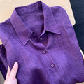 Summer Lightweight Loose Fit Linen Sun Protection Shirt Women's Breathable Purple Design Casual  Neck Button up Top
