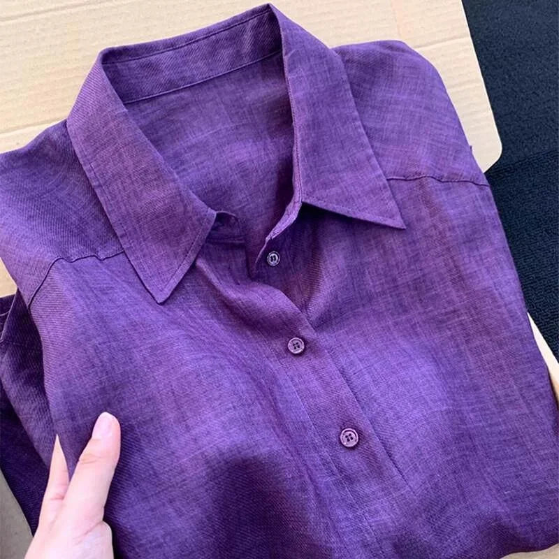Summer Lightweight Loose Fit Linen Sun Protection Shirt Women's Breathable Purple Design Casual  Neck Button up Top