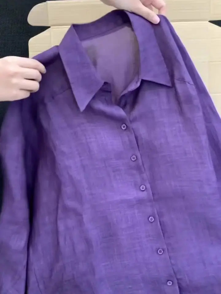 Summer Lightweight Loose Fit Linen Sun Protection Shirt Women's Breathable Purple Design Casual  Neck Button up Top