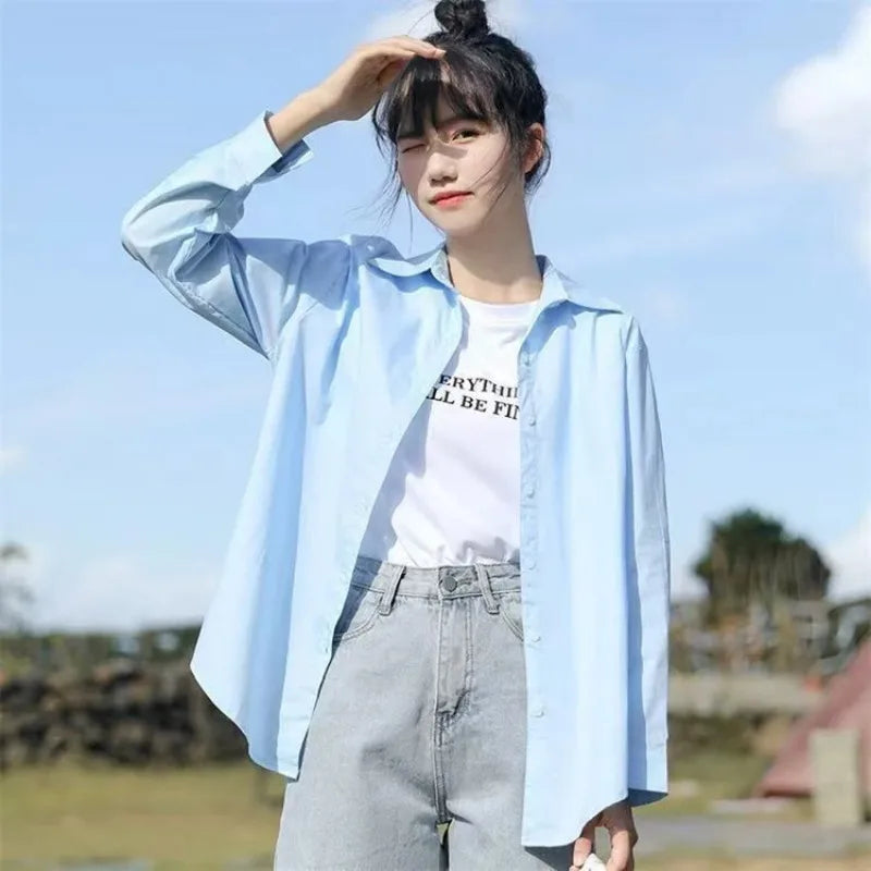 Women Light Blue Loose Fit Sun Protection Shirt Casual Long Sleeve Blouse