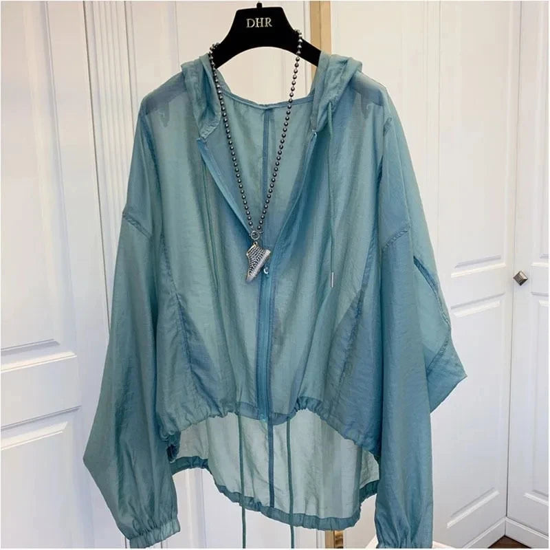 2025 New Ice Silk Thin Sunscreen Coat Women's Jacket Loose Sun Protection Shirt Hooded Top Summer Breathable Lightweight Shirt
