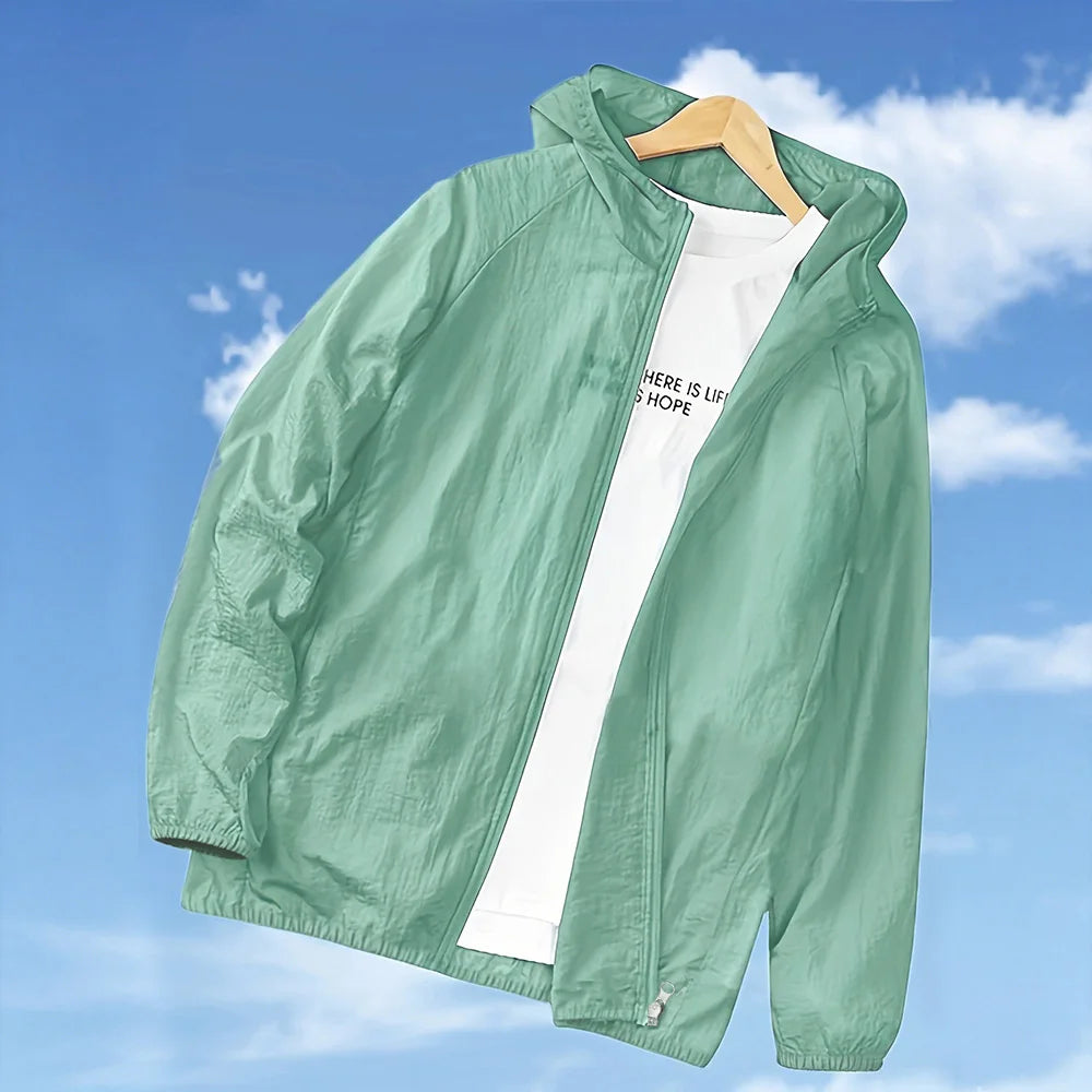 Men's Summer Skin Coats Lightweight Quick Drying Solid Color Outwear Hooded Zipper Sun-protection Ice Silk Clothing