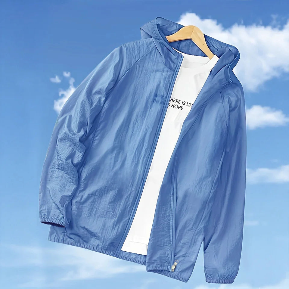 Men's Summer Skin Coats Lightweight Quick Drying Solid Color Outwear Hooded Zipper Sun-protection Ice Silk Clothing